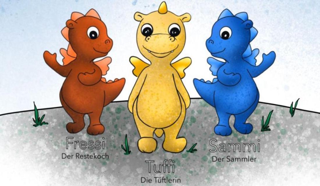 Kleine Drachen in braun, gelb und blau.