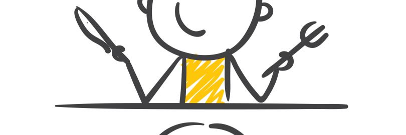 Strichmännchen mit Besteck wartet erwartungsvoll vor leerem Teller