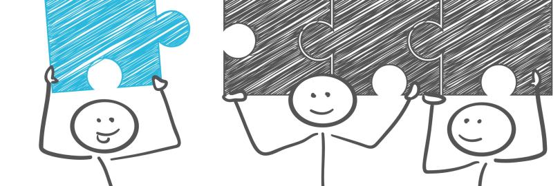 Strichmännchen fügen Puzzleteile zusammen.Zusammenarbeit, Qualitätsentwicklung.
