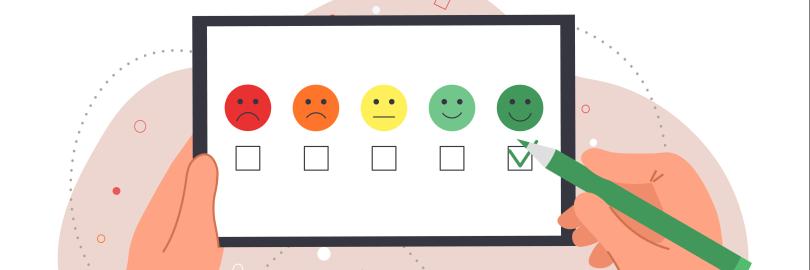 Positives Bewertungskonzept. Hand mit Bleistift zeigt Emotionen vom Produkt an. Verbraucherumfragen und Feedback-Sammlung. Moderne Technologien und Marketingmethoden. Cartoon flache Vektorillustration