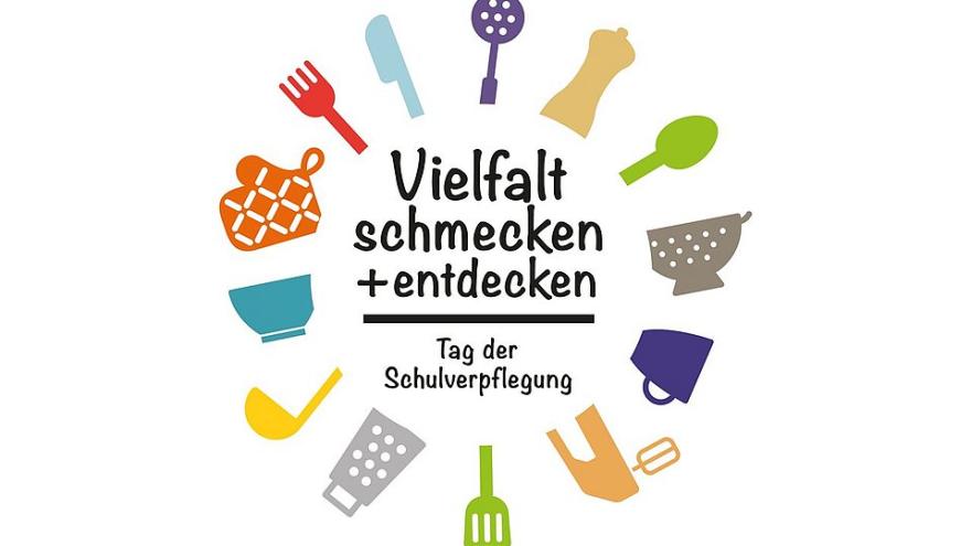 Logo Tag der Schulverpflegung - Buntes Motiv mit Tellergrafik, Besteck und Sch